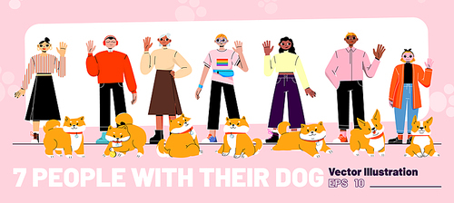 Diverse people with their dogs set. Pet owners, multiracial characters with puppies, lgbtq person, elderly woman waving hands in greeting gesture, vector flat illustration