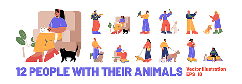 Set of people with pets, male and female characters spend time with animals cat, dog, snake, rabbit, parrot, lizard and parrot having fun and relax at home and outdoor, Linear flat vector illustration