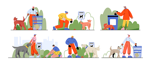People walk with dogs in park and cleanup poop. Pet owners walk with dogs and puppies, pick up canine excrements in bag and throw in trash bin, vector flat illustration