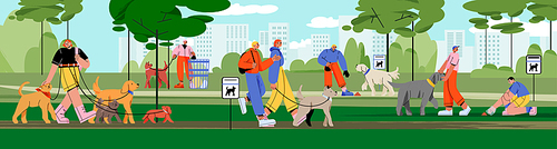 Pet owners walking with dogs in park and gathering poo in special bags. People cleaning up excrement after dog and picking up waste in public place into litter bins, Linear flat vector illustration