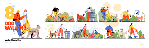 Set of people walking and cleaning up after dogs. Flat vector illustration of happy casual men and women training, playing, having fun with pet animals of different breeds. Active leisure, friendship