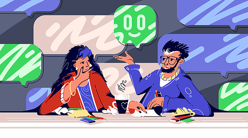Business people think idea, teamwork, brainstorm concept. Creative team man and woman sitting at office desk with papers, coffee and pencils discuss new project, Cartoon vector line art illustration.