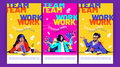 Teamwork posters with people meeting in office and talk together. Vector vertical banners of company workshop, creative team brainstorm with flat illustration of workers conversation