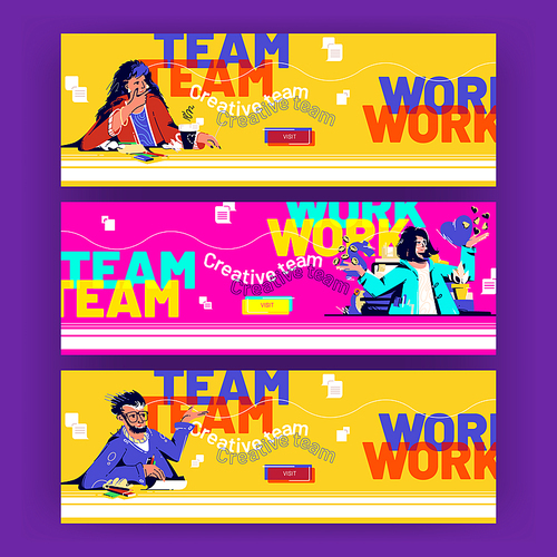 Team work cartoon web banners with business people think idea, creative teamwork. Man and woman sitting at desk writing notes, discuss new project and insights, Line art flat vector illustration