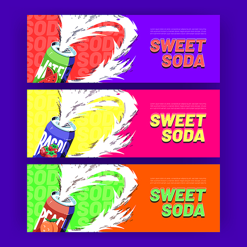 sweet soda banners with drink splashing out of tin cans. cold fresh juice or fruit  advertisement campaign, beverage promotional colorful background in line art cartoon style, vector illustration