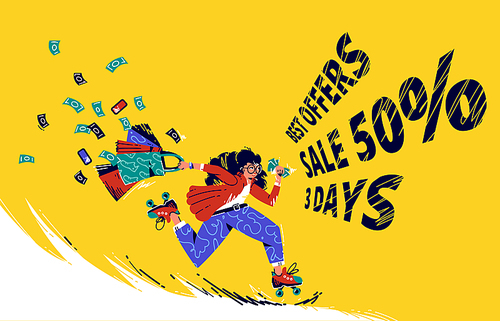 Sale offer banner with running girl on rolling skates with shopping bags and flying money bills. Special offer for retail store with hurry shopaholic woman run for purchase, Vector line art ad poster
