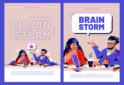 Brain storm cartoon web banners with business people think idea, teamwork. Creative team man and woman sitting at desk with crumpled papers and coffee discuss new project, vector line art illustration