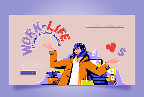 Work and life balance cartoon landing page, businesswoman sitting at workplace solve dilemma choosing between career or family, difficult solution, home or office choice, Vector line art web banner