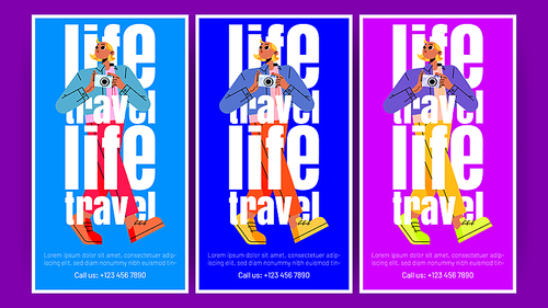 Travel and vacation posters with girl tourist with photo camera. Vector banners of tourism, journey, world tour with flat illustration of young woman walk and take pictures