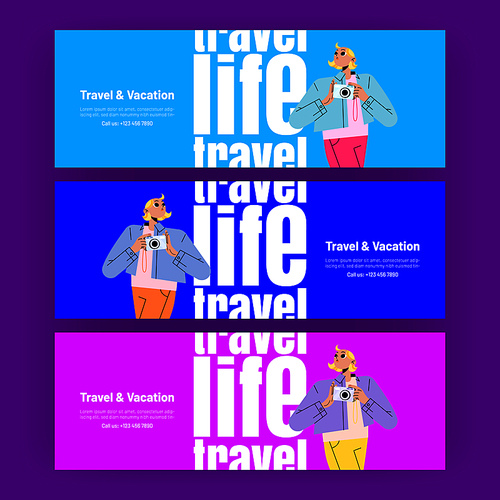Travel and vacation posters with girl tourist with photo camera. Vector horizontal banners of tourism, journey, world tour with flat illustration of young woman walk and take pictures