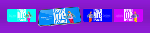 Travel and vacation banners with woman tourist with photo camera. Vector posters for mobile phone of tourism and life with flat illustration of girl looks around and takes pictures
