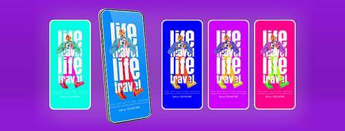 Life and travel mobile app pages set. Girl tourist with photo camera on vacation. Tourism, journey, world tour linear concept with young woman walk and take pics, flat vector onboard screen templates
