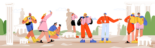Tourists travel, excursion with guide. People group with backpacks, map and photo cameras traveling, characters visiting sightseeing and landmarks in abroad trip, Line art flat vector illustration