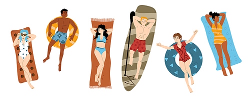 People sunbathe on beach top view, float on inflatable rings, sup board and mattresses in sea or pool. Diverse male and female characters tanning on mats, Cartoon linear flat vector illustration, set