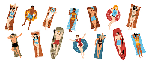People sunbathing on summer beach. Diverse happy men and women in swimsuits and hats lying on mats, towels, inflatable floats and surfboards, vector hand drawn illustration