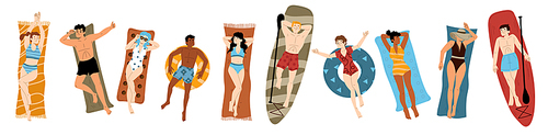 Set of young people sunbathing isolated on white . Flat vector illustration of relaxed men and women lying on beach towel and surfboard, getting suntanned, enjoying summer vacation rest