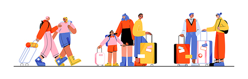 Group of tourists walk and carry suitcases or backpacks. Young couples travelers in voyage, family with child on summer vacation isolated on white , Linear flat vector illustration