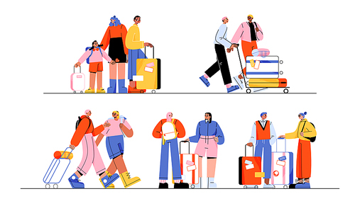 People travel with suitcases and backpacks. Couples, friends and family with kid standing with luggage. Diverse characters go in journey, vector cartoon illustration