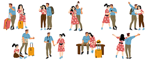 Set of happy couple traveling together, flat vector illustration on white background. Male and female tourists taking pictures, studying map, enjoying trip, go sightseeing, hitchhiking on vacation