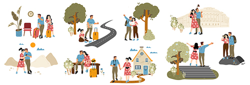 Man and woman tourists travel together. People with suitcase and backpack going to journey, hitchhiking, take photo of landmarks and selfie. Happy couple in honeymoon trip, vector illustration