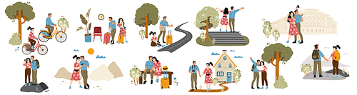 Set couple travel, young tourists visit famous landmarks, catching car on road, climbing mountains. Man and woman with backpacks riding bicycle, hiking, making photo Cartoon linear vector illustration