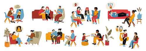 Mental therapy, health, psychotherapy session set. People visit psychologist for support and mind treatment. Adults, children, group of characters speak with doctor, Cartoon linear vector illustration
