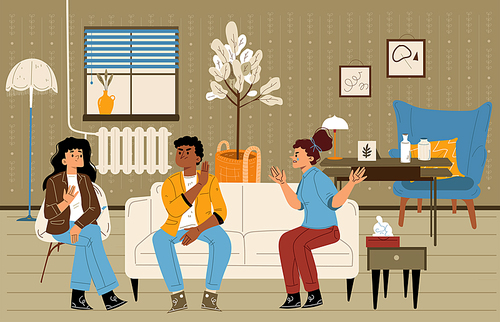 Family psychotherapy, psychologist speaking with couple in conflict and bad relation. Young husband and wife sitting on couch at doctor cabinet talk and crying, Cartoon linear flat vector illustration