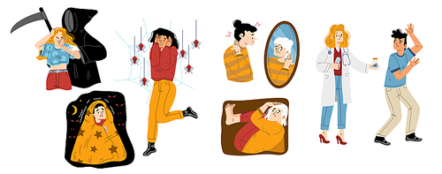Set of distressed people with different phobias. Scared flat characters afraid of death, darkness, spiders, enclosed space, aging and doctors. Psychological problem. Panic attack. Vector illustration