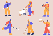 Construction workers in helmets with shovel, wheelbarrow, paint roller and drill. Vector flat illustration of builder characters, repairman, engineer, painter and carpenter