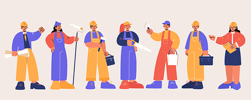 Builders, engineers and workers in helmets with construction tools. Vector flat illustration of men and women professional architect, repairman, painter and carpenter