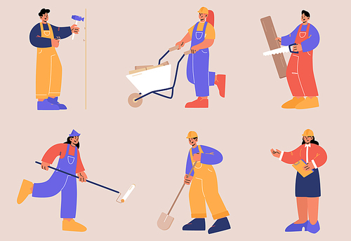 Set of repair service workers. Builders, repairmen, construction and renovation employees or foreman. Male and female characters in uniform with professional tools, Line art flat vector illustration