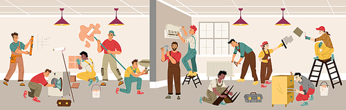 Renovation workers repair home interior. Handyman service, team of builder, painter, plumber, tiler or carpenter doing apartment improvement or restoration works, Line art flat vector illustration