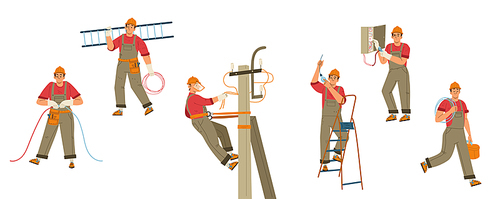 Electrician worker with tools, ladder and wires isolated on white . Maintenance and repair service technician, engineer of electricity in helmet, vector cartoon illustration