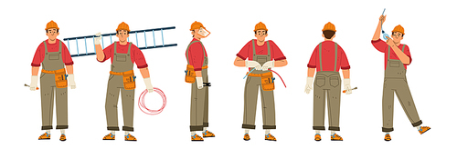 Electrician worker, repair service technician, engineer with tools, ladder and wires doing maintenance works isolated on white . Electricity job cartoon linear flat vector illustration