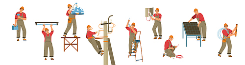 Electrician worker with tools, ladder and wires doing maintenance works isolated on white . Repair service technician, engineer of electricity job. Cartoon linear flat vector illustration