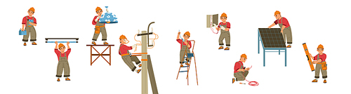 Electrician at work flat illustration set on white. Vector design of male character in protective helmet, uniform changing light bulb, installing solar panel, repairing wires on lamppost, using tools