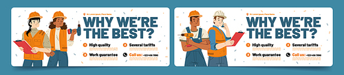 Why we are the best company introductory banners with builders team holding instruments. Cards with list of building company advantages, guarantees and contacts for clients, Linear vector illustration