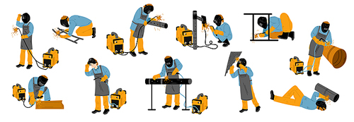 Welder at work, flat vector illustration set. Male characters in uniform and protective mask welding metal pipes, sitting, standing, lying, using equipment isolated on white . Occupation