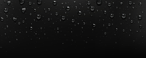 Pure clear water drops on black background. Transparent raindrops, steam, fog or vapour condensation on wet surface, dew or rain, vector realistic illustration