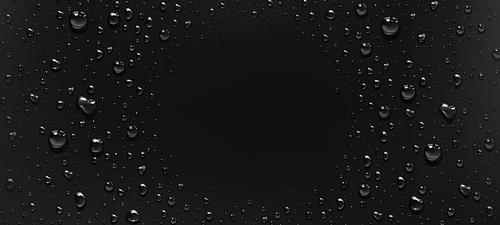 Water drops condensation, raindrops round frame on black background. Rain dribbles with light reflection on dark surface, abstract wet texture, scattered blobs border, Realistic 3d vector illustration