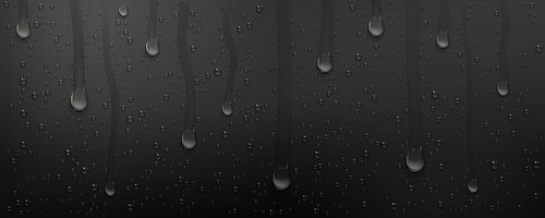 Condensation water drops with wet trails on black glass background. Sliding rain droplets on dark window surface, scattered pure aqua blobs pattern, abstract texture, Realistic 3d vector illustration