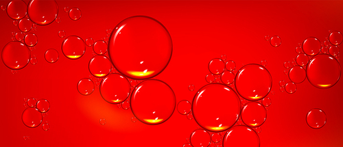 Red abstract background with air bubbles. Realistic illustration of liquid substance macro view. Glossy water drops on clean surface. Sparkling oil, fizzy wine or cosmetic gel texture. Vector design