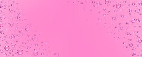 Water drops on pink background. Realistic illustration of wet surface with diagonal empty space for female healthcare or cosmetic advertizing banner text. Condensation droplets, humidity effect