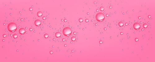 Water drops on pink background, scatter spherical aqua bubbles, wet liquid texture. Template for beauty product, moisture, skincare cosmetic production ads design, Realistic 3d vector Illustration