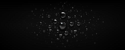 Water drops on black background. Rain condensation, raindrops or glass spheres on dark window surface. Abstract wet texture, backdrop, graphic template for ads design, Realistic 3d vector illustration