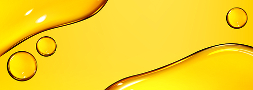 Oil drops texture, omega bubbles, gold liquid skincare, essential droplets. Background with transparent yellow dribs of different shapes. Realistic 3d vector honey, syrup or juice blobs close up view