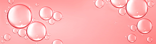 Pink background with water drops, horizontal backdrop with scatter spherical aqua bubbles, wet liquid texture. Template for beauty product, skincare cosmetic production Realistic 3d vector ads design