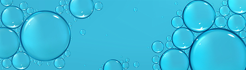 Macro surface of water with bubbles, liquid cosmetic product with oil drops on blue background with copy space. Banner template with abstract texture with bubbles, vector realistic illustration
