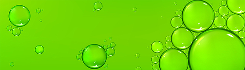 Water drops on green background. Rain droplets with shine and light reflection, bubbles fizz, abstract natural wet texture, scattered pure aqua blobs pattern, horizontal backdrop, Realistic 3d vector