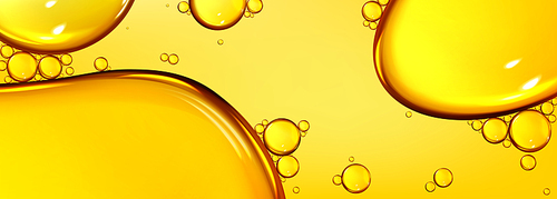 Oil drops texture, omega bubbles, gold liquid skincare, essential droplets. Background with transparent yellow dribs of different shapes. Realistic 3d vector honey, syrup or juice blobs top view